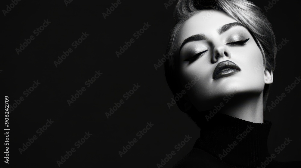 Elegant Black and White Portrait of a Woman with Glamorous Makeup and Closed Eyes in Dramatic Lighting Elegant Black and White Portrait of a Woman with Glamorous Makeup and Closed Eyes in Dramatic Lighting