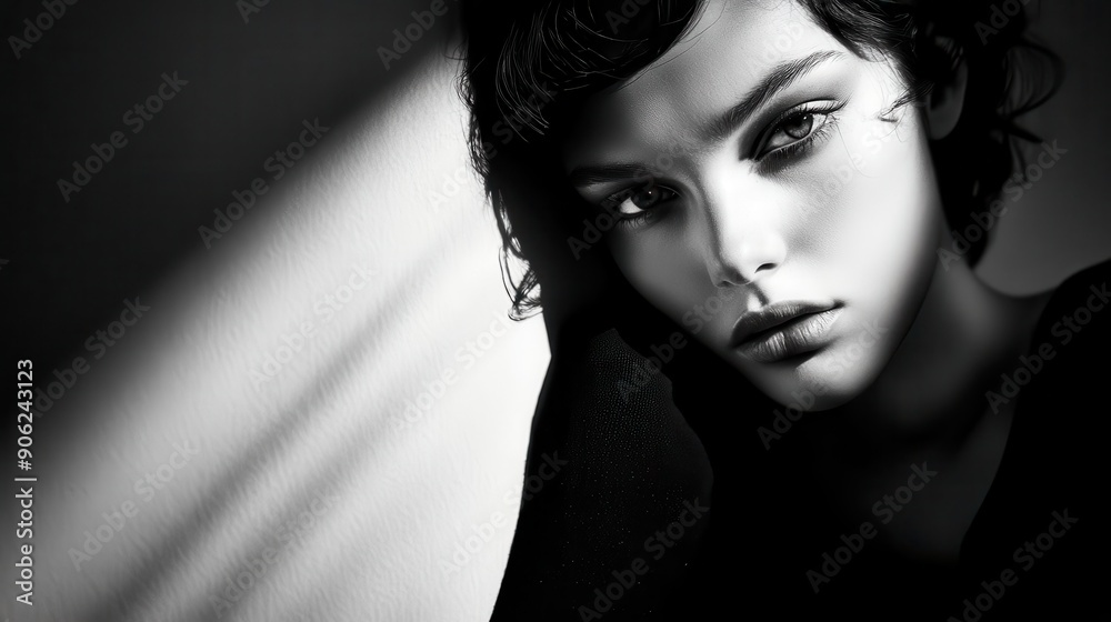Dramatic Black and White Portrait of a Woman with Intense Gaze and Shadows Dramatic Black and White Portrait of a Woman with Intense Gaze and Shadows