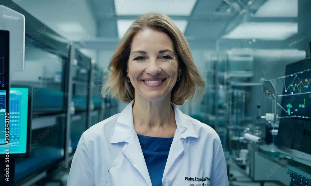 Portrait of a female doctor smiling at the camera in a hospital corridor Portrait of a female doctor smiling at the camera in a hospital corridor