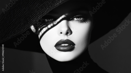 Elegant Black and White Portrait of a Woman with Dramatic Makeup and Hat in High Contrast Lighting