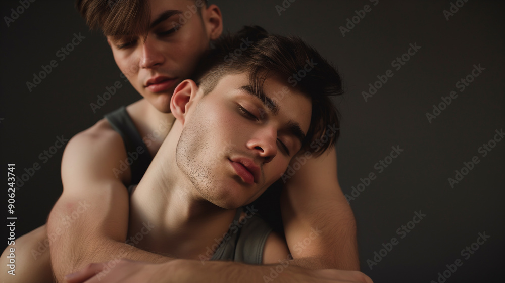A tender moment beautifully captured within a studio setting, showcasing the strong bond and warmth that exists between these two young men, highlighting their deep emotional connection and affection A tender moment beautifully captured within a studio setting, showcasing the strong bond and warmth that exists between these two young men, highlighting their deep emotional connection and affection