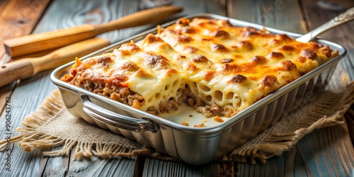 Selective focus on beveled pastitsio dish surface blurry spatula with holes Generative AI photo