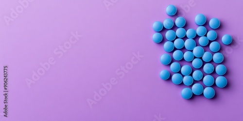  Blue Medical Pill on Purple Background: Healthcare Symbol with Text Space. Pharmaceutical Capsule Illustration for Drug Safety Awareness, World Health Day Campaign, and Medical Advertisement Concepts photo