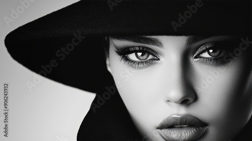 Close-Up Black and White Portrait of a Woman with Intense Eyes and Stylish Hat