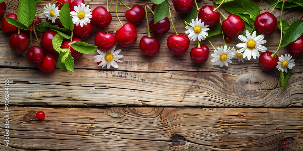 Cherries and daisies on wooden background, copy space Cherries and daisies on wooden background, copy space