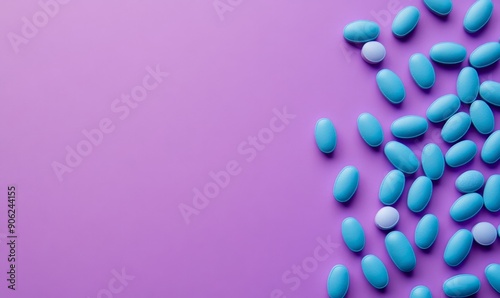  Blue Medical Pill on Purple Background: Healthcare Symbol with Text Space. Pharmaceutical Capsule Illustration for Drug Safety Awareness, World Health Day Campaign, and Medical Advertisement Concepts photo