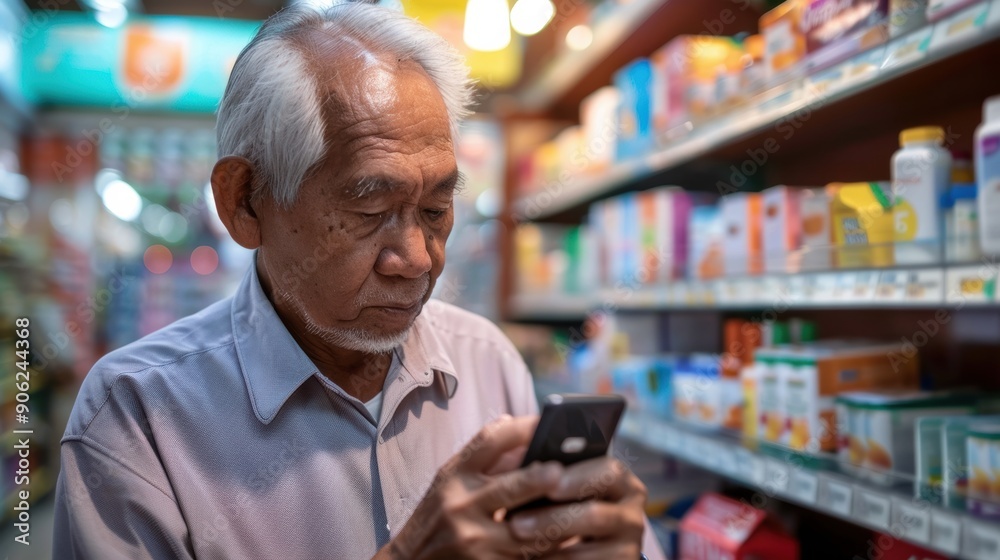 An elderly man concentrates on his mobile phone while browsing the drugstore shelves An elderly man concentrates on his mobile phone while browsing the drugstore shelves