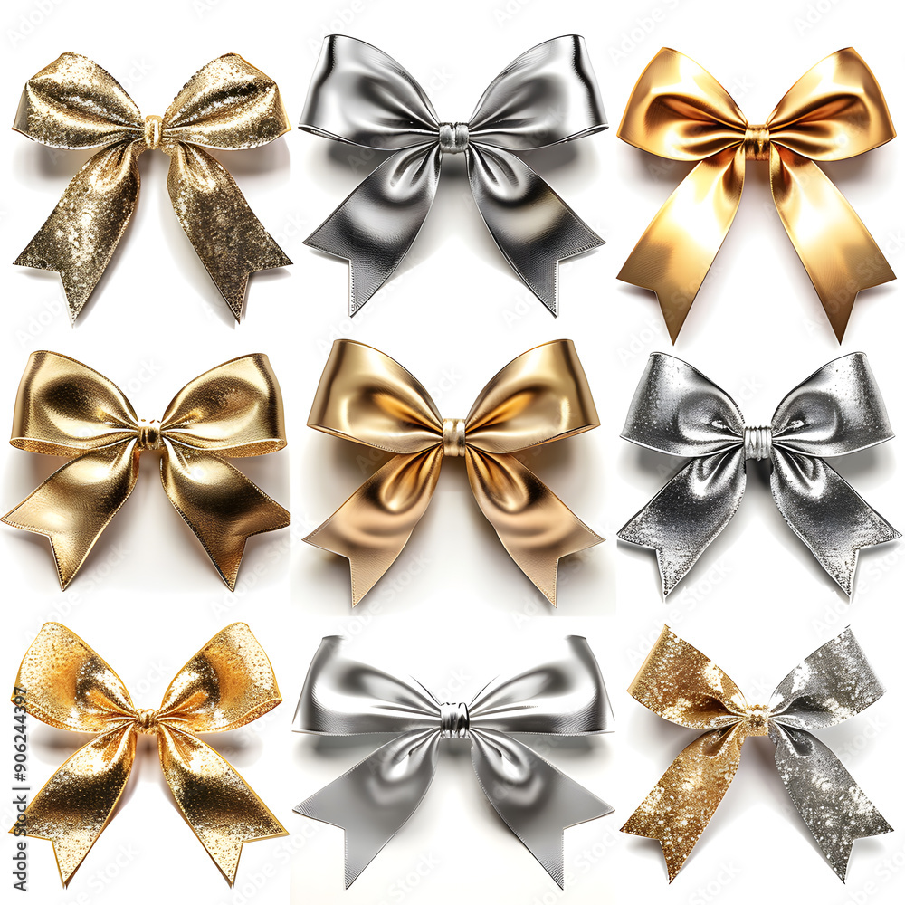 Collection of shiny gold and silver bows isolated on a white background Collection of shiny gold and silver bows isolated on a white background
