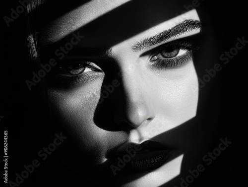 Dramatic Black and White Portrait of a Woman with Intense Gaze and Shadows photo