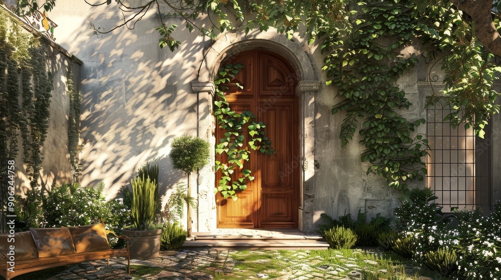 Rustic Wooden Doorway with Stone Archway and Lush Greenery