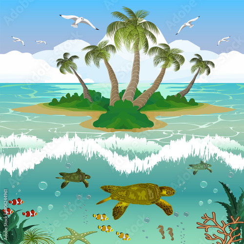 Tropical island in the ocean.Vector illustration with tropical island and animals underwater.