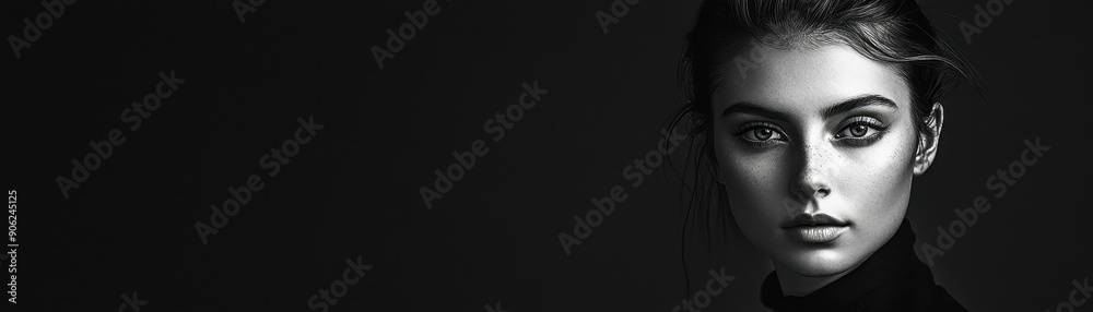 Elegant Black and White Portrait of a Woman with Dramatic Lighting and Intense Gaze Elegant Black and White Portrait of a Woman with Dramatic Lighting and Intense Gaze