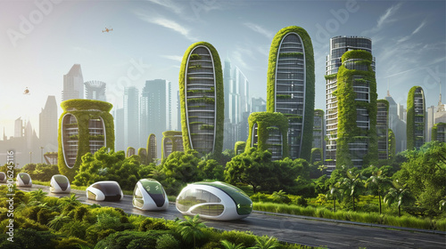 Eco-friendly city skyline with green rooftops