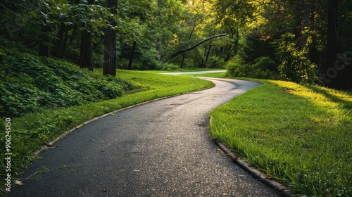 A peaceful winding path in a lush green park with trees and sunlight filtering through, perfect for nature walks and outdoor activities. © Rattanathip