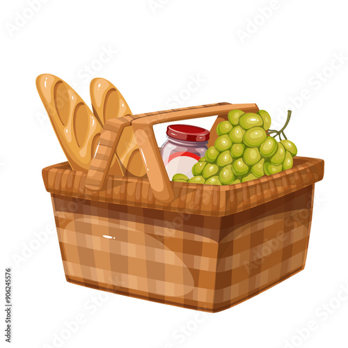 Wooden cartoon basket with food from shopping in grocery store. Funny retro open box with grapes and bread, jar with cover. Purchases in shop mascot, cartoon brown braided basket vector illustration