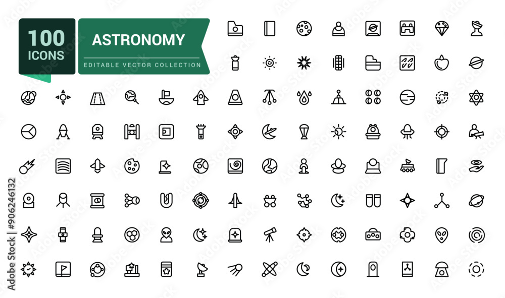 Astronomy icon collection. Set of icons related to space and astronomy. Outline symbols collection. Minimal Linear icon editable vector stroke illustration.