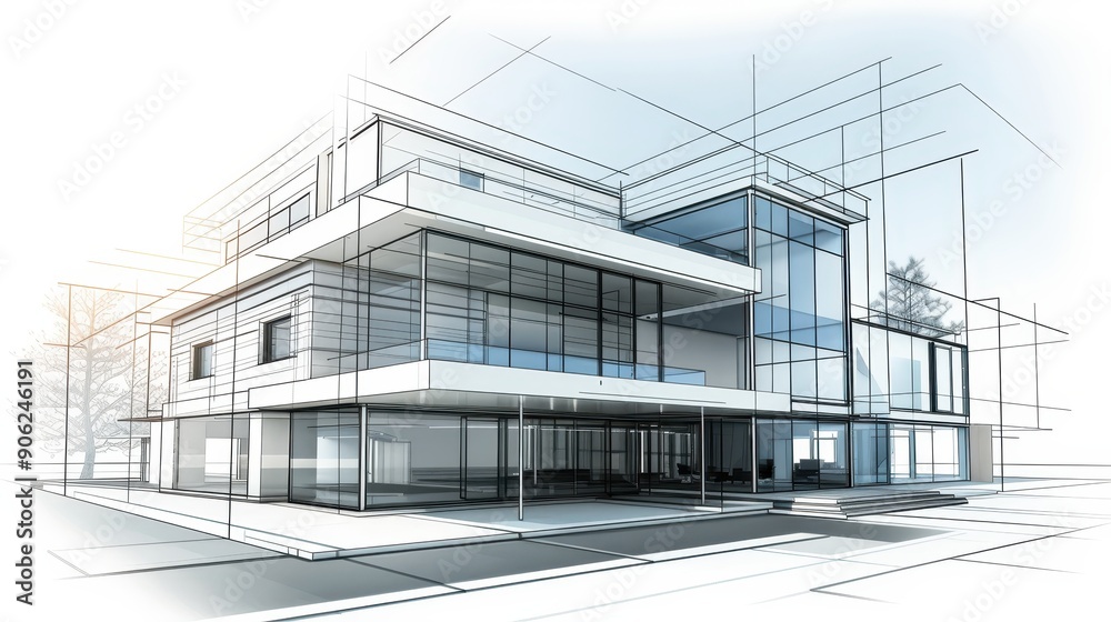 Architectural sketch of a modern glass building showcasing contemporary design and urban development. Architectural sketch of a modern glass building showcasing contemporary design and urban development.
