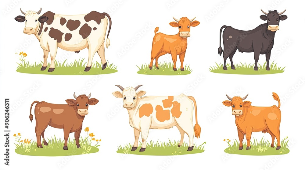 Adorable cartoon cows and cattle, different breeds, mother and child, pets, vector set, joyful and friendly illustrations
