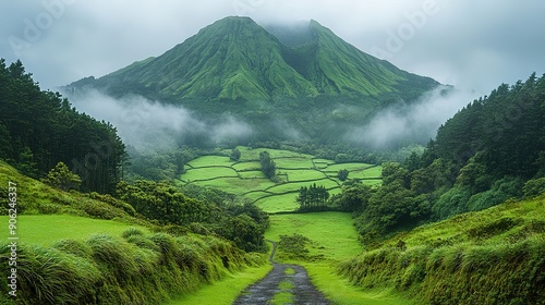 Winding Road Leading to a Foggy Green Mountain Peak photo