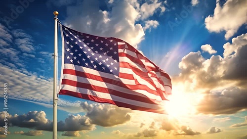 American Flag Waving in the Wind at Sunset.