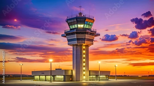 Airport Control Tower at Sunset.