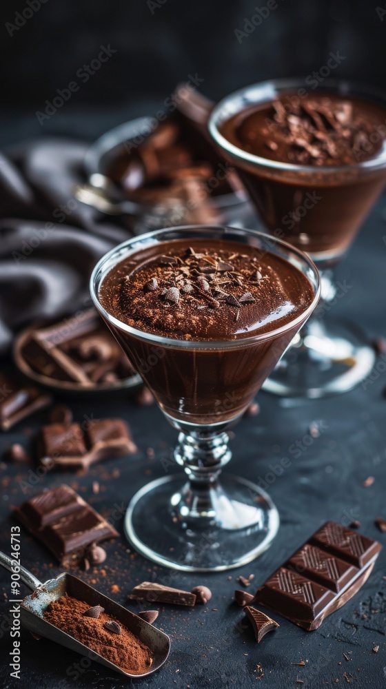 Two clear glasses filled with creamy chocolate pudding, topped with chunks of rich chocolate, resting on a white surface Two clear glasses filled with creamy chocolate pudding, topped with chunks of rich chocolate, resting on a white surface
