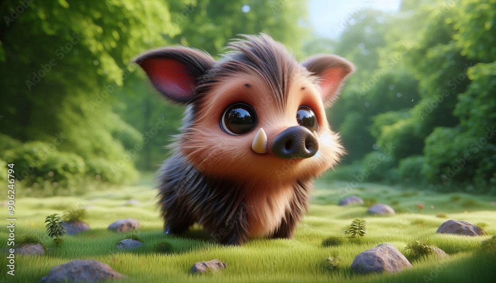 Obraz premium Adorable 3d furry boar with big eyes on grass in a forest