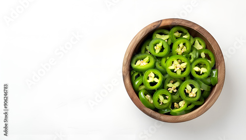 sliced jalapeno pepper in wooden bowl isolated on white background. Green chili pepper with full depth of field