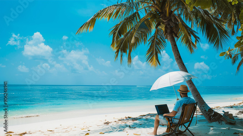 Back view of woman sitting on chair and working on laptop on tropical beach