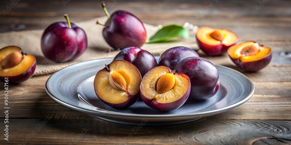sliced halves of sweet purple plum on a plate Generative AI sliced halves of sweet purple plum on a plate Generative AI