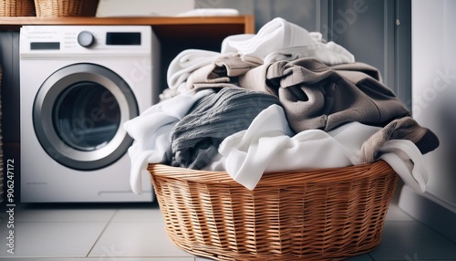 Closeup of a wicker basket full of white and grey clothes to wash and a washing machine in a photo