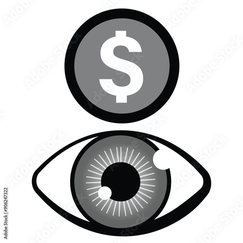 eye and dollar sign coin icon in grey scale isolated on white background.