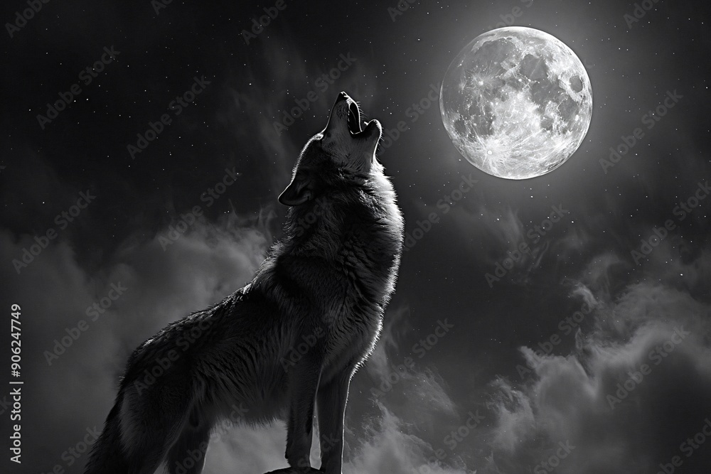 Fototapeta Lone wolf is howling at the full moon in a dark starry night