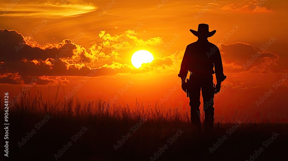 A lone cowboy silhouetted against a rising sun, with ample space for text in the sky A lone cowboy silhouetted against a rising sun, with ample space for text in the sky