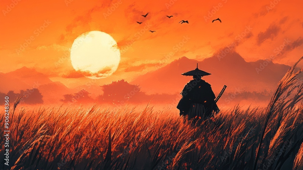 A lone samurai in a field of tall grass, with distant mountains and a setting sun A lone samurai in a field of tall grass, with distant mountains and a setting sun