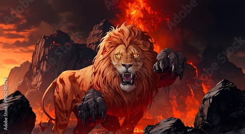 lion roars ferociously in front of volcano photo