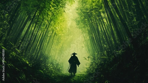 A lone samurai walking through a bamboo forest, with the tall, green stalks creating a peaceful atmosphere photo