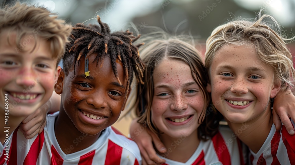 Fototapeta premium Four boys, in red and white striped soccer jerseys posing for the camera smiling with arms around each other
