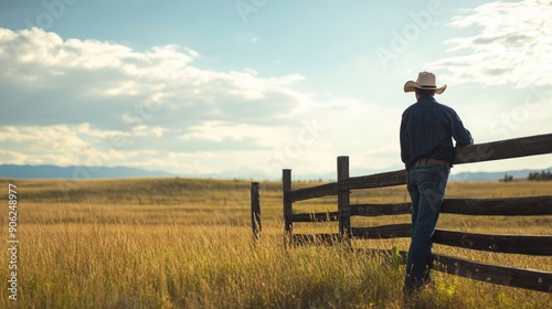 A solitary cowboy leaning against a fence in an open field, with space for text above