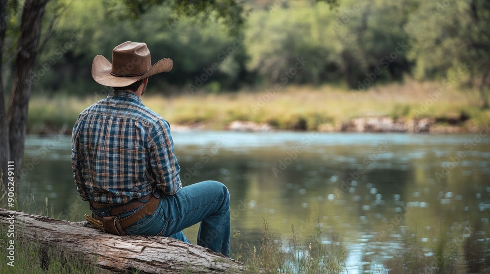 A solitary cowboy sitting on a log by a river, with space for text in the water reflection A solitary cowboy sitting on a log by a river, with space for text in the water reflection