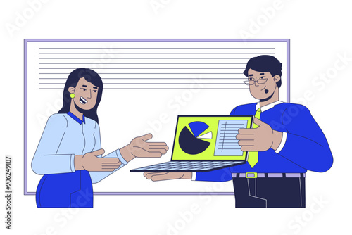 Double checking data with manager cartoon flat illustration. Diverse supervisor with subordinate 2D characters isolated on white background. Analytics in product management scene vector color image