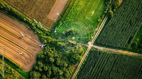 Aerial view of a smart farm with precision agriculture tools, including GPS-guided equipment and satellite imagery