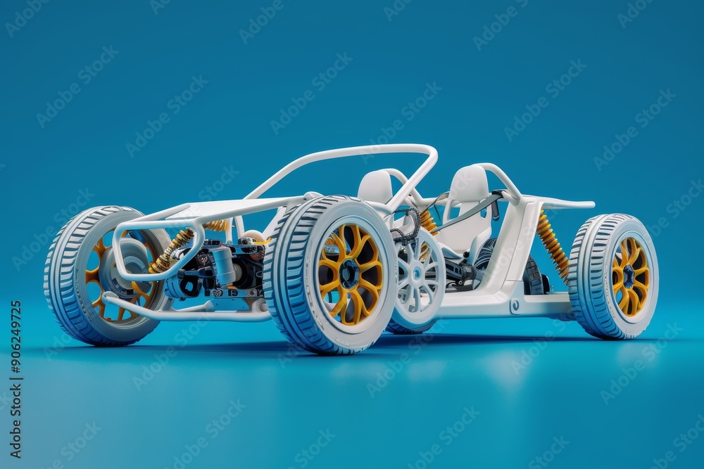 White car structure in 3d rendering with open bodywork and visible wheels on blue background White car structure in 3d rendering with open bodywork and visible wheels on blue background