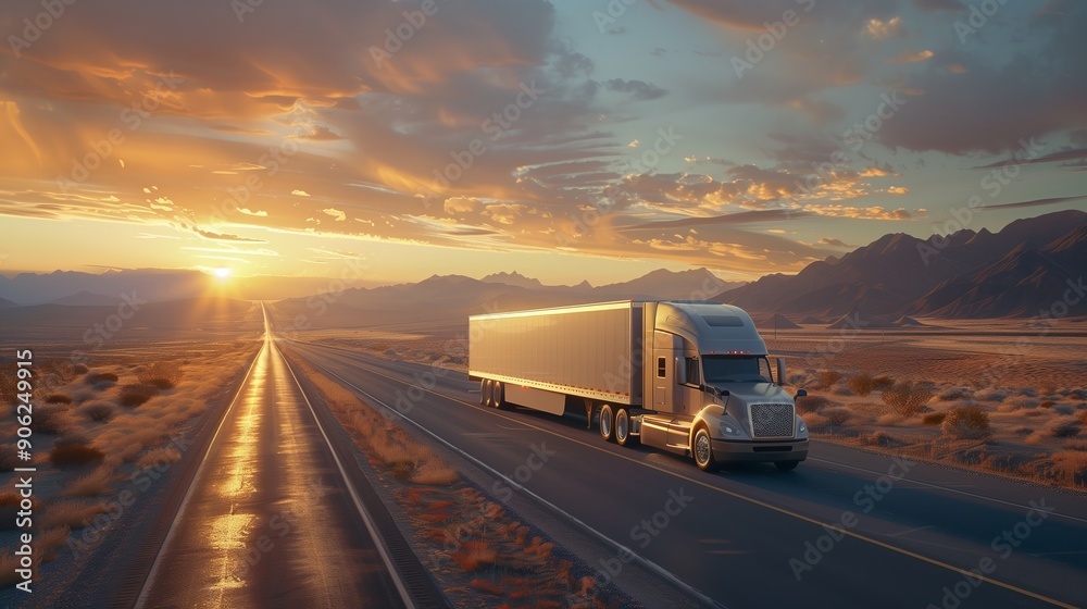 A truck driving on the highway in a beautiful desert valley A truck driving on the highway in a beautiful desert valley