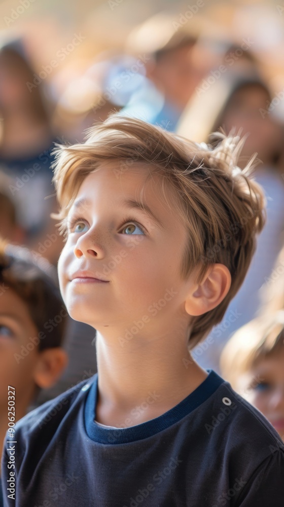 A young boy watches in awe as a vibrant performance captivates the audience around him A young boy watches in awe as a vibrant performance captivates the audience around him