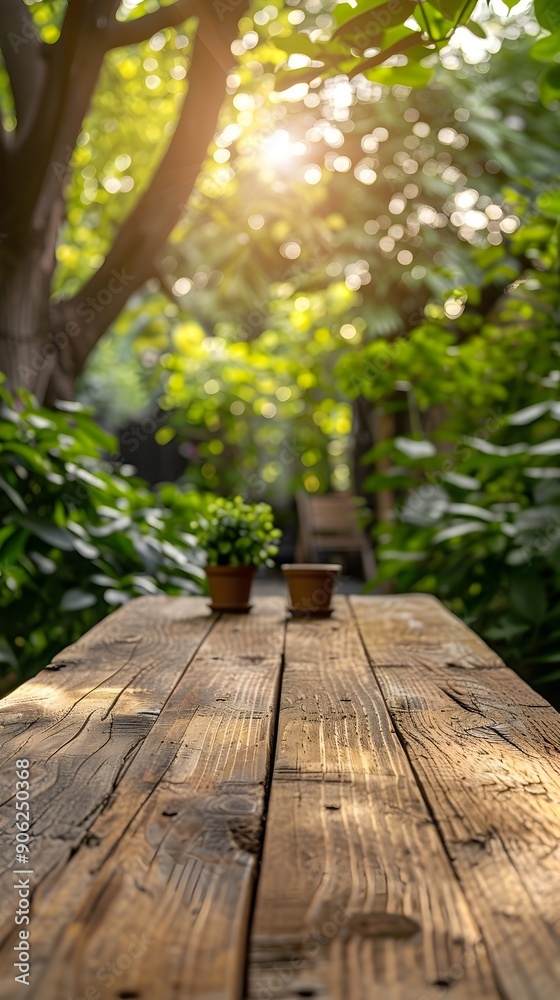 Rustic Wooden Table in Lush Outdoor Garden for Product Display and Copy Space Rustic Wooden Table in Lush Outdoor Garden for Product Display and Copy Space