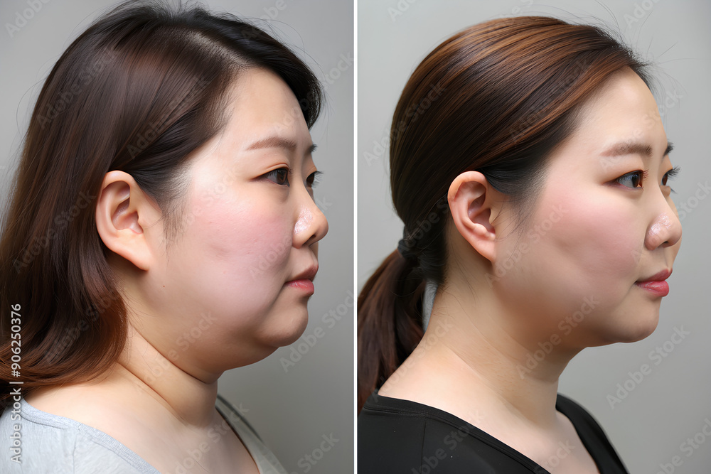 Close-Up Double Chin Liposuction Before - After, Side view, Women Close-Up Double Chin Liposuction Before - After, Side view, Women