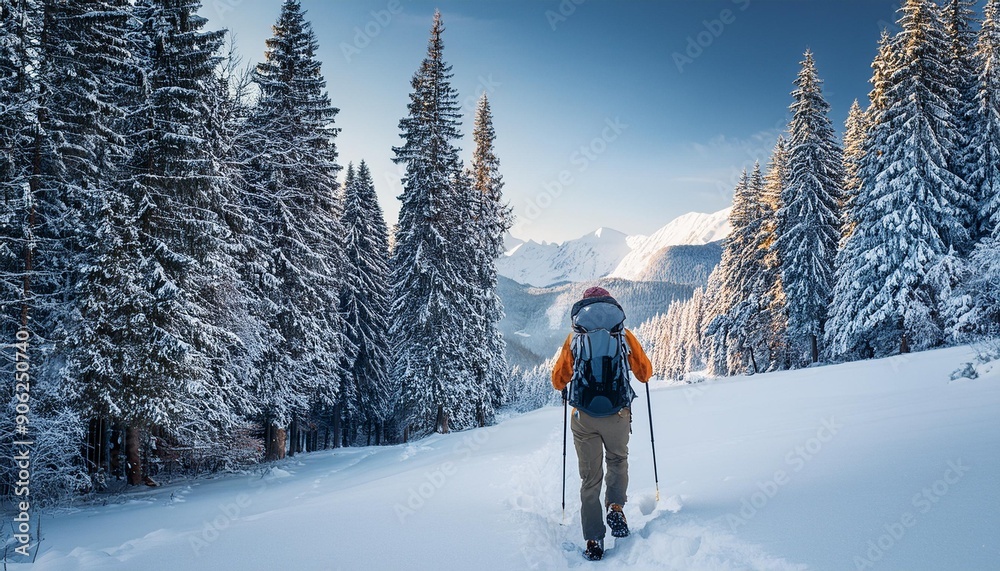 Ski adventure in snowy terrain hiker embracing hiking in winter wonderland, snow covered tra. Ski adventure in snowy terrain hiker embracing hiking in winter wonderland, snow covered tra.