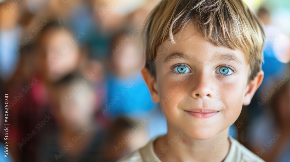 A smiling boy with blue eyes stands out among a group of children enjoying a sunny day A smiling boy with blue eyes stands out among a group of children enjoying a sunny day