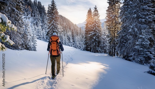 Ski adventure in snowy terrain hiker embracing hiking in winter wonderland, snow covered tra. photo